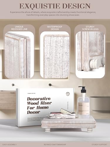 EOSAHR Decorative Tray Wood Pedestal Stand – Farmhouse Wooden Tray for Soap Holder & Bathroom Accessories - Kitchen Essentials & Bathroom Organizer for Home Decor (Natural Wood) - Image 5