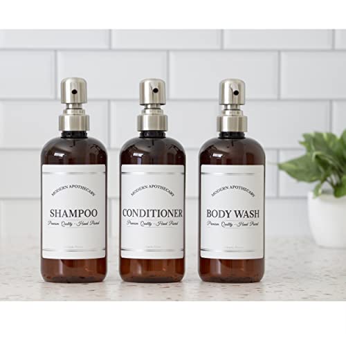 Amber Refillable Shampoo and Conditioner Bottles - Body Wash, Shampoo and Conditioner Dispenser - PET Plastic Shampoo Bottles Refillable with Pump - Waterproof Labels - 16 oz, 3 Pack (Stainless Steel)4