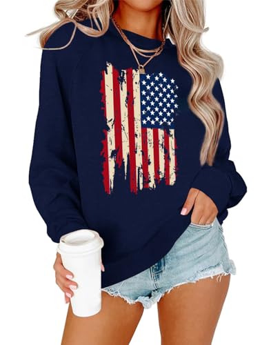 Image of Dressmine Womens USA Shirt Casual Long Sleeve Graphic Tees Knit Crew Neck Sweatshirts Loose Pullover