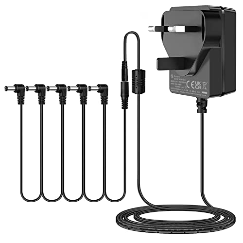 Gonine 9V 1.5A Guitar Effects Pedal Adapter Power Supply Cord with Cable 5 Way Daisy Chain Cord, Center Negative, Extended Length Cable
