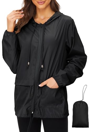 Zando Waterproof Windproof Windbreaker Jacket Women- Packable Raincoats for Women with Hood Black Rain Jacket Lightweight Rain Jackets for Outdoor Travel Hiking Commute Walk Gifts XL