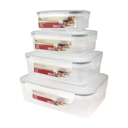 Fackelmann Set 4 Contenitori Ermetici Rettangolari in PP Trasparente per Alimenti, Clip di Chiusura e Guarnizione - Idonei Freezer, Microonde e Lavastoviglie - Contenitori Salvaspazio