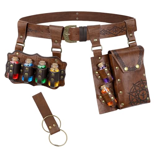 Dicxoser Renaissance Accessories Alchemy Belt Set - Medieval Belt with Embossed Pouch & Potion Bottles for Halloween Cosplay (Brown)