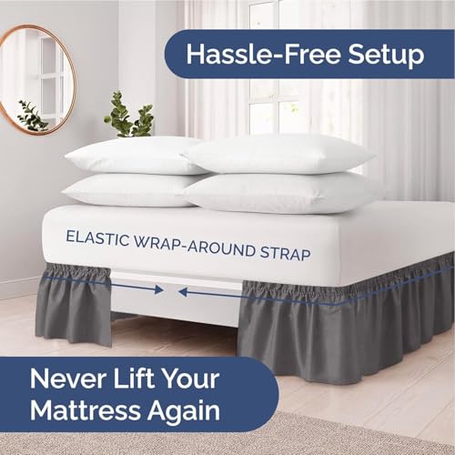 Image of Bed Skirt - Wrap Around Dust Ruffle Bed Frame Cover with Easy Fit Elastic Strap, Queen Size 12 Inch Drop, Microfiber Pleated, Machine Washable | Dark Grey