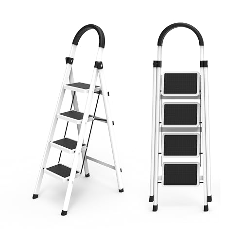 4 Step Folding Ladder, Portable and Compact, Anti-Slip Multi-Use Household