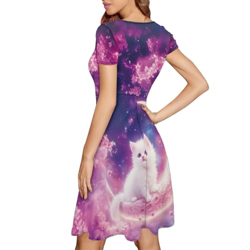 Image of HUGS IDEA Womens Puffy Swing Midi Dress Round Neck Short Sleeve Party A-Line Dresses