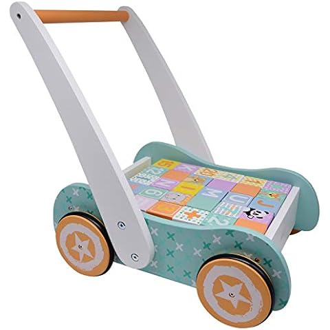 Wooden Baby Walker with Blocks - Wooden Push Along Trolley - 123 and ABC Bricks - Suitable for Toddlers and Babies from 12 Months Cover