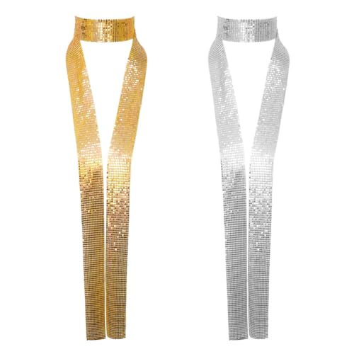 Cryluxial 2 Pièces Cravate Femme Foulard Doré et Argenté Chapeau Paillette Accessoire Disco Cravate Paillette Étole Dorée Écharpes et Foulards Femme Chapeau Disco Accessoires Argent