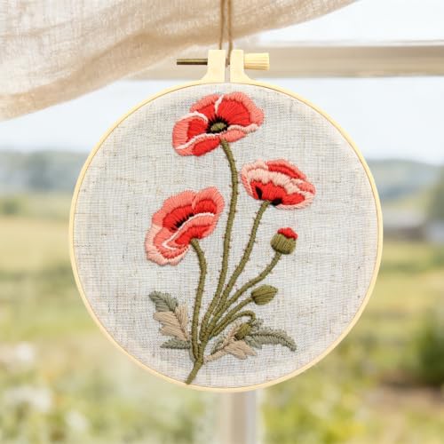 Image of Vintage Flowers Embroidery Kits for Beginners Adults, Floral Hand Embroidery Starter Kit, Stamped Cross Stitch Kits DIY Needlepoint Kits for Beginners Adult, Embroidery Hoop, Thread and Video Tutorial