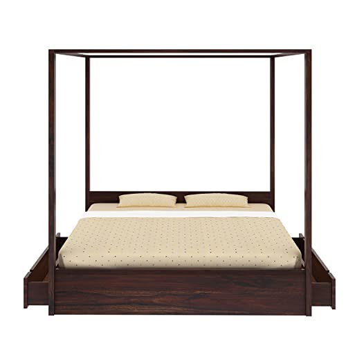 Image of Solid Sheesham Wood Queen Size Poster Bed 2 Drawer Storage for Bed Room Living Room Home Wooden Double Bed Palang Solid Wood Bedroom Furniture for Hotel (Walnut Finish)