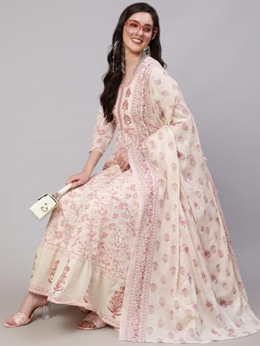 Image of Mizaz Women Printed Embroidered Cotton Round Neck 3 /4 Sleeve Ankle Length Flared Kurta Pant And Dupatta Set (MZ1038OFFWHITE P)