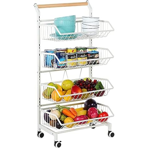 Fruit Basket Kitchen Rolling Wire Vegetable Fruit Rack, 4 Tire Utility Storage Cart Metal Pantry Cart with Wheels, Stackable Potato Onion Snacks Organizer Bin Basket with Wood Handle(White) Cover