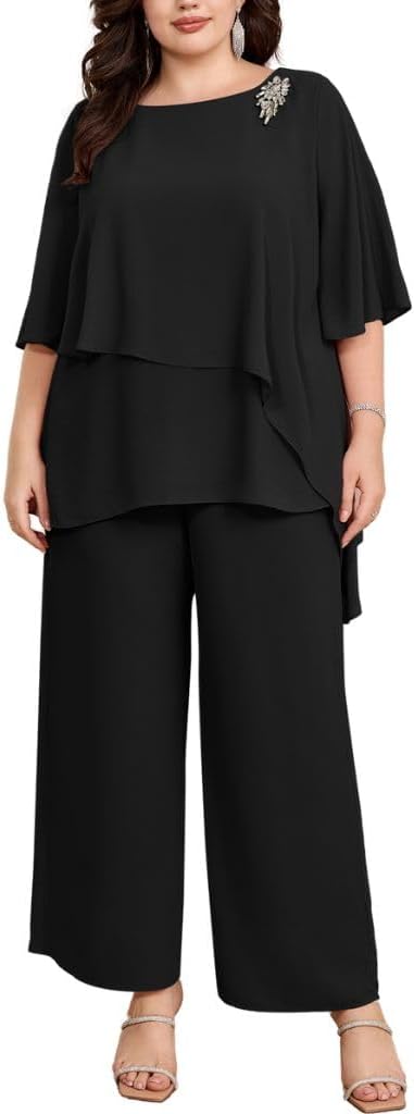 Women's Plus Size Elegant Evening Suit Sets 2-Piece Set Cocktail Party Festive Trouser Suit Two-Piece Chiffon Shirt and High Waist Trouser Suit