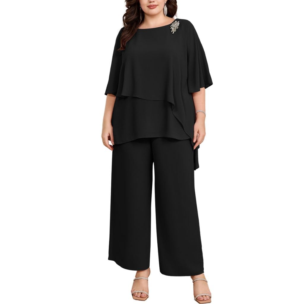 Hanna Nikole Damen Große Größen Chiffon Abendanzug Sets Cocktail Party Festlich Elegant 2-Teiliges Set Shirt Und Hohe Taille Hosenanzug Zweiteiler