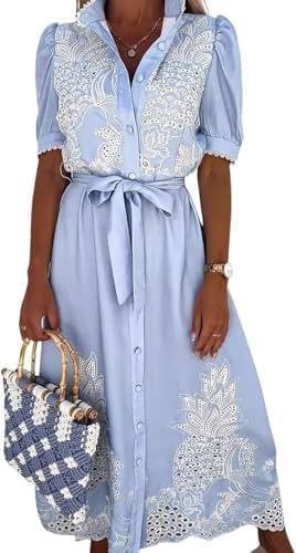 Ru Sweet Women's Embroidered Eyelet Shirt Dresses Belted Puff Sleeve Button Down Swing Boho Cotton Maxi Shirt Dress