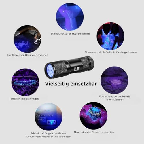 LE LED UV Schwarzlicht Taschenlampe mit 9 LEDs, mini UV Lampe Ultraviolettes Licht mit 395nm für Geocaching, Heimtierurindetektoren, Haustiere Urin-Detektor usw. Inklusive 6 AAA Batterien