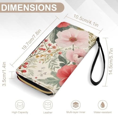 Travel Purse Fashion Design, Huge Storage Capacity Wallet With Rope, Cute Decor Purse, Long PU Zipper Wallet Floral Chic Flowers Roses Pedals Dots Leaves Buds Spring Season Theme2