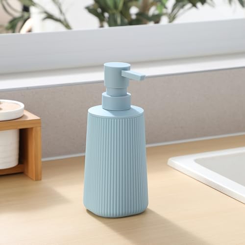 Image of Small Soap Dispenser for Bathroom and Kitchen, Modern Farmhouse Striped Style Plastic Hand Soap Dish Soap Dispenser with Pump Light Blue