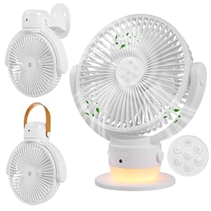 OGZ Portable Fan for Travel Wireless with Remote Timer, 7 Inch Small Desk Fan with LED Night Light 90° Oscillation, Rechargeable USB Fan for Cruise Bed Beside Sleeping Camping Tent