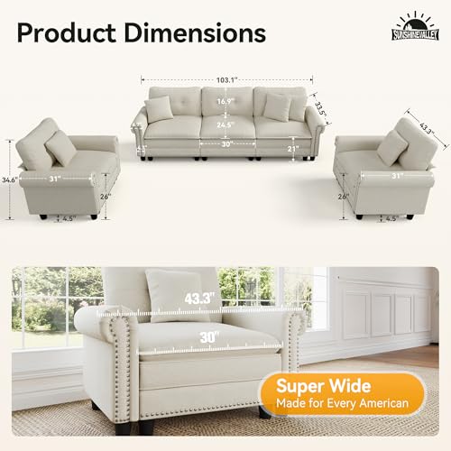 Image of SUNSHINE VALLEY 3-Piece 5-Seater Cloud Modular Sofa Set with Extra Deep & Wider Cushions, Oversized Mid-Century Modern Couch Set with Armchair and Throw Pillows for Living Room, Linen Beige