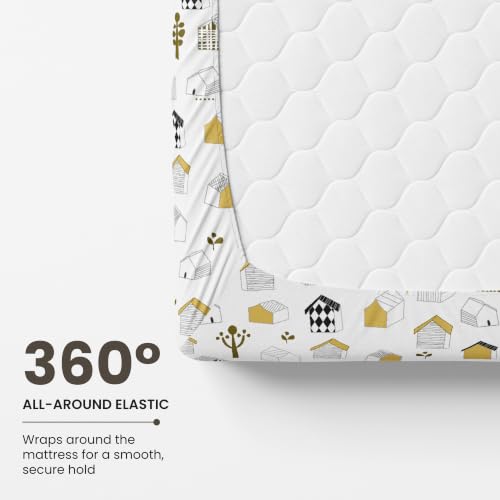 Image of LORETO - A QUALITY LINEN BRAND 144 TC 100% Pure Cotton Single Fitted Bedsheet with 1 Pillow Cover for 72 x 36 Inch Mattress, All-Around Elastic, 8 Inch Deep Pocket, White Kids House Pattern