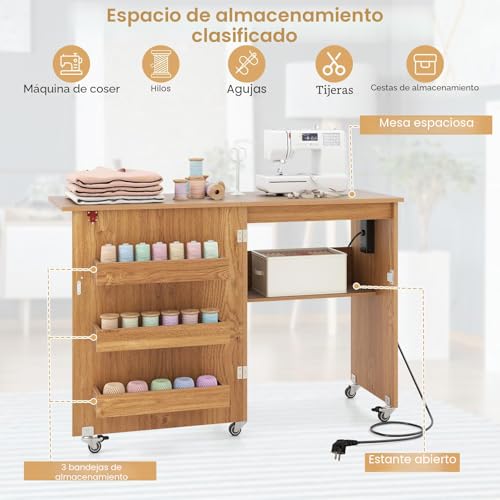 Miniatura 4 de Giantex Armario De Costura Plegable Con 5 Ruedas, Mesa De Coser Con Estación De Carga, 3 Compartimentos Y 1 Estante Abierto, Para Dormitorio, Salón Y Estudio Natural, 116x41x78cm
