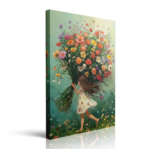 Floral Girl with Bouquet Canvas Wall Art Framed Painting Dreamy
