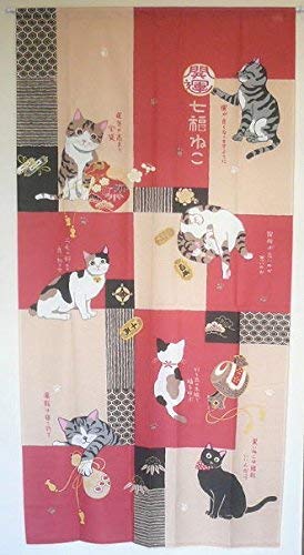 猫柄のれん幅85×170cm丈ロングサイズ 和風「貼り絵七福ねこ RED」csm-100-tera