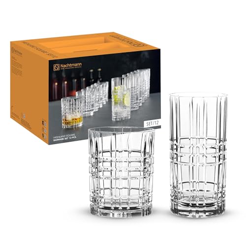 Nachtmann Square 12-Piece Drinkware Set – Lead-Free Crystal Glasses, Highball & Lowball Design, Elegant Glassware for Cocktails & Whiskies, Bar, Restaurant & Home Entertaining, Gifts