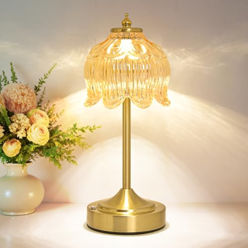 Cordless Lotus Flower Table Lamp 5200mAh Rechargeable Battery Operated Portable Lamp 3-Color Dimmable Touch Control Small Desk Lamp for Bedroom Office Kitchen Nightstand Room Decor (Flower Amber)