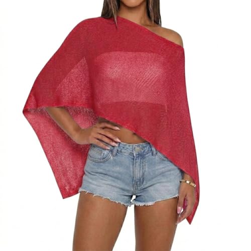 Women Sheer Knit Poncho Top Beach Cover Up Lightweight Crochet Shrug Y2k Summer See Through Shawl (Red One Size)