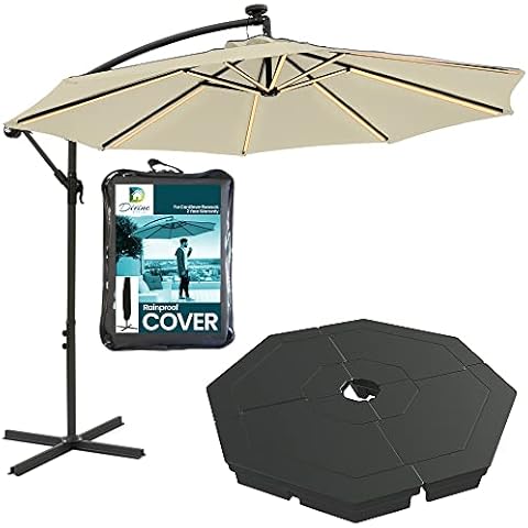 Divine Style Cantilever Garden Parasol with Neon Lights, G-Blocs Base Weight Set and FREE Waterproof Cover for Outdoor Patio (Vanilla Cream) Cover