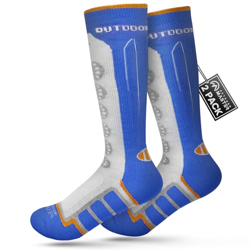OutdoorMaster Calcetines de esquí para niños, paquete de 2 calcetines térmicos de compresión de invierno de lana merino, puños antideslizantes sobre la pantorrilla para esquí, snowboard, patinaje
