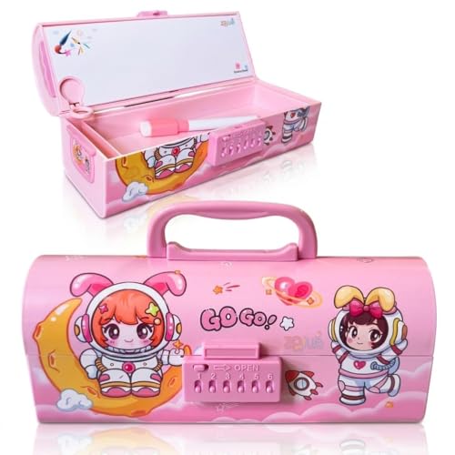 Image of Password Lock Compass Box for Kids, Cute Space Girl Theme Pencil Box with Handle, Large Capacity Stationery Organizer Case for Girls, Multifunctional School Pencil Case, Pink