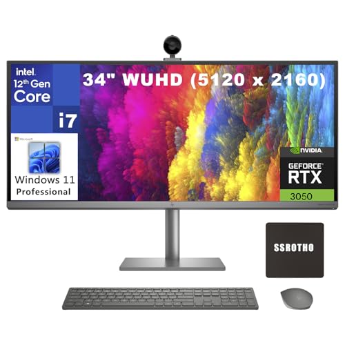HP Envy AIO 34" WUHD 5120 x 2160 500nits Business All-in-One Desktop Computer, 12th Intel 12-Cores i7-12700, 32GB DDR5, 1TB PCIe SSD, GeForce RTX 3050 8GB, WiFi, Bluetooth, Windows 11 Pro, Zivcul