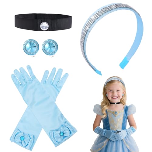 ROC PARTY Cinderella Accessories for Girls - 4 PCS Rhinestone Crown Headband Choker Necklace Gloves & Earrings for Dress-Up Birthday Parties Halloween & Cosplay (Blue)