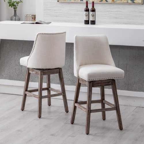 Chairus Counter Height Swivel Bar Stool Chairs Set Of 4, Mid-Century Modern 27 Inch Barstools With Wood Legs Comfy Linen Fabric Upholstered Bar Chairs For Home Bar/Kitchen Island/Restaurant, Cream #TOP4