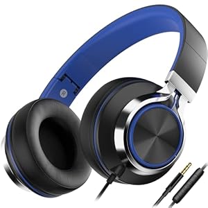 AILIHEN C8 Headphones Wired, On-Ear Headphones with Microphone and Volume Control Foldable Corded Stereo 3.5mm Headset for Smartphones Chromebook Laptop Computer PC Tablets Travel(Black/Blue)