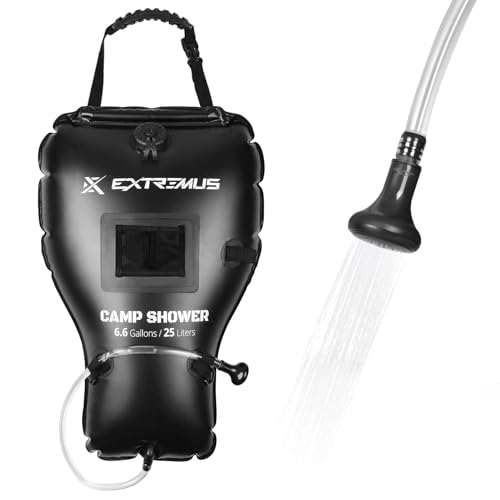 Extremus-Rainbow-Falls-Camping-Shower-66-Gallons25L-Camp-Shower-Bag-Solar-Heating-PVC-Bladder-Built-in-Thermometer-Mesh-Pocket-ABS-Nozzle-System-Portable-Solar-Shower-for-Camping