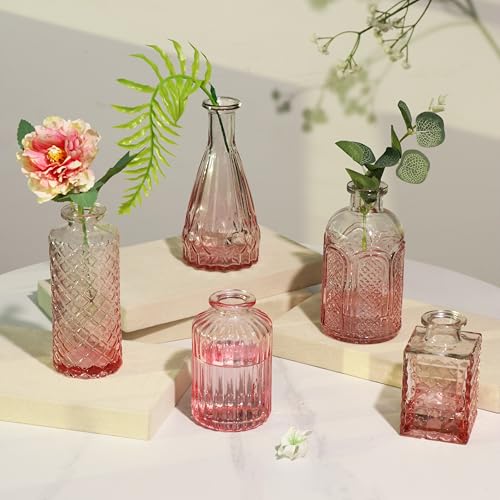 Image of Art Street Decorative Set of 5 Crystal Clear Bud Vase, Transparent Flower Glass Vase for Home Decor, Flower Pot, Wedding Decoration, Living Room, Bedroom and Office Decor(Color-Pink)