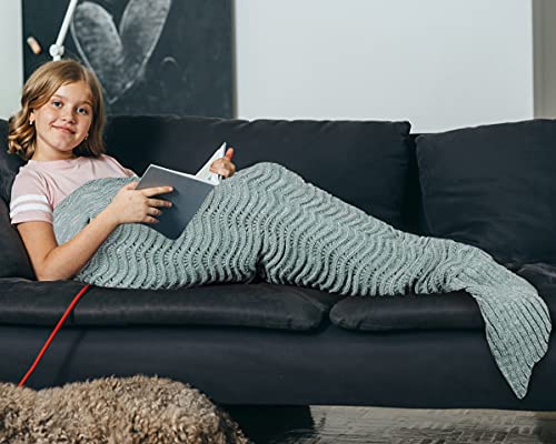 Mermaid Tail Blanket for Teen Girls with Anti-Slip Neck Strap Wave Pattern | Soft Sleeping Bag for All Seasons Grey