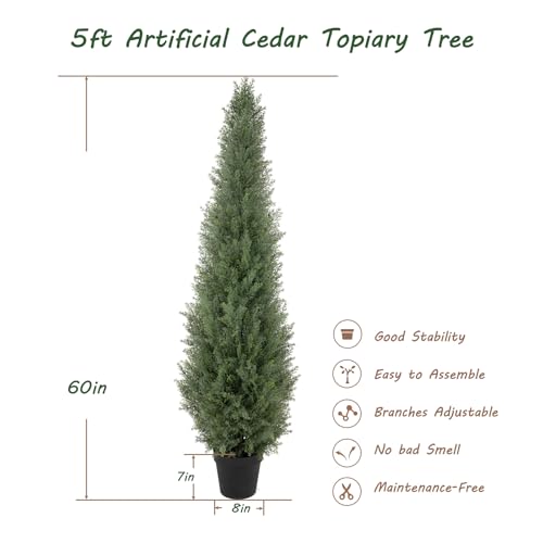 Image of Bellacat 5ft UV Resistant Artificial Topiary Trees Outdoor, 60in Faux Cedar Tree with Full & Realistic Leaves, Fake Cypress Tree for Front Door Proch Patio Deck Balcony Yard Decor 2Pack
