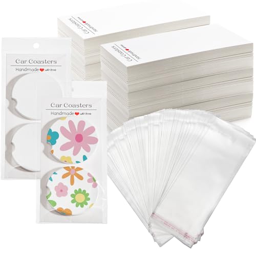 Eorbow 200 PCS Car Coaster Packaging for Selling, Sublimation Car Cupholder Display Card with Bag, Self-seal Hanging Bags for Auto Sublimation Blanks, Heat Press Machines Accessories