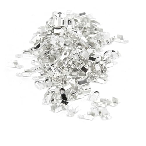 100 Fold Over 6mm Crimp Tube Jewelry Cord End Findings for 1mm - 1.5mm Bead Cording & Wire Ends with Loop for Connecting (Silver Plated)