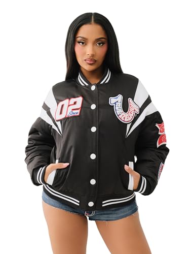 True Religion Women's TR Satin Oversized Varsity Bomber Jacket - Jet Black | Zip-Up Bomber with Ribbed Cuffs2