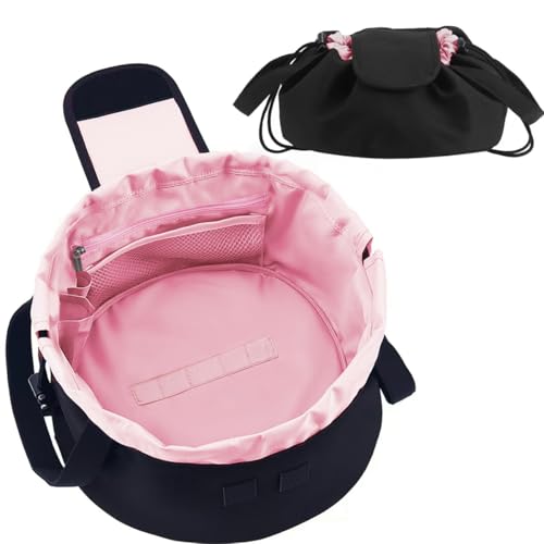 Lay Flat Drawstring Makeup Bag Travel Cosmetic Organizer for Women Large Capacity Toiletry Bag Portable Open-Flat Design for Skincare and Makeup Brushes (Pink)