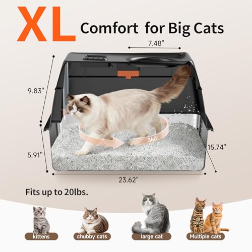 Tevila Extra Large Stainless Steel Litter Box with Lid, High Sided Enclosed Metal Cat Litter Pan, Dog Proof Front Entry Top Exit, Odor Control Easy Clean Leak Proof, Includes Mat, Scoop & Step, Black