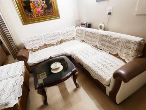 Image of Fab Nation Cotton L Shape Sofa Covers for 6 Seater Sofa Set | Sofa Slipcovers for 3 + 3 Seaters Cover + 2 Setty Cover Set | Cream /Off-White