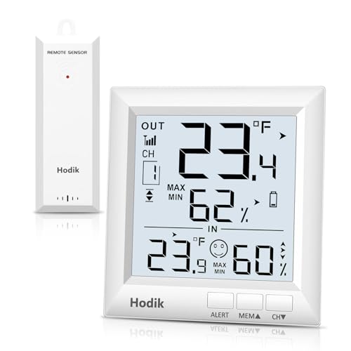 Indoor Outdoor Thermometer Wireless Weather Station (White) | Temperature Humidity Monitor Inside Outside Room Remote Digital Thermometers with 330ft Range Sensor Backlight Display