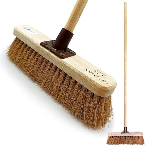 12” Soft Broom Indoor with Durable Support Bracket and 120 cm Wooden Handle Natural Coco Bristle Brush Sweeping Brush – Ideal for Cleaning Wooden, Decking, Concrete Floors and Patios